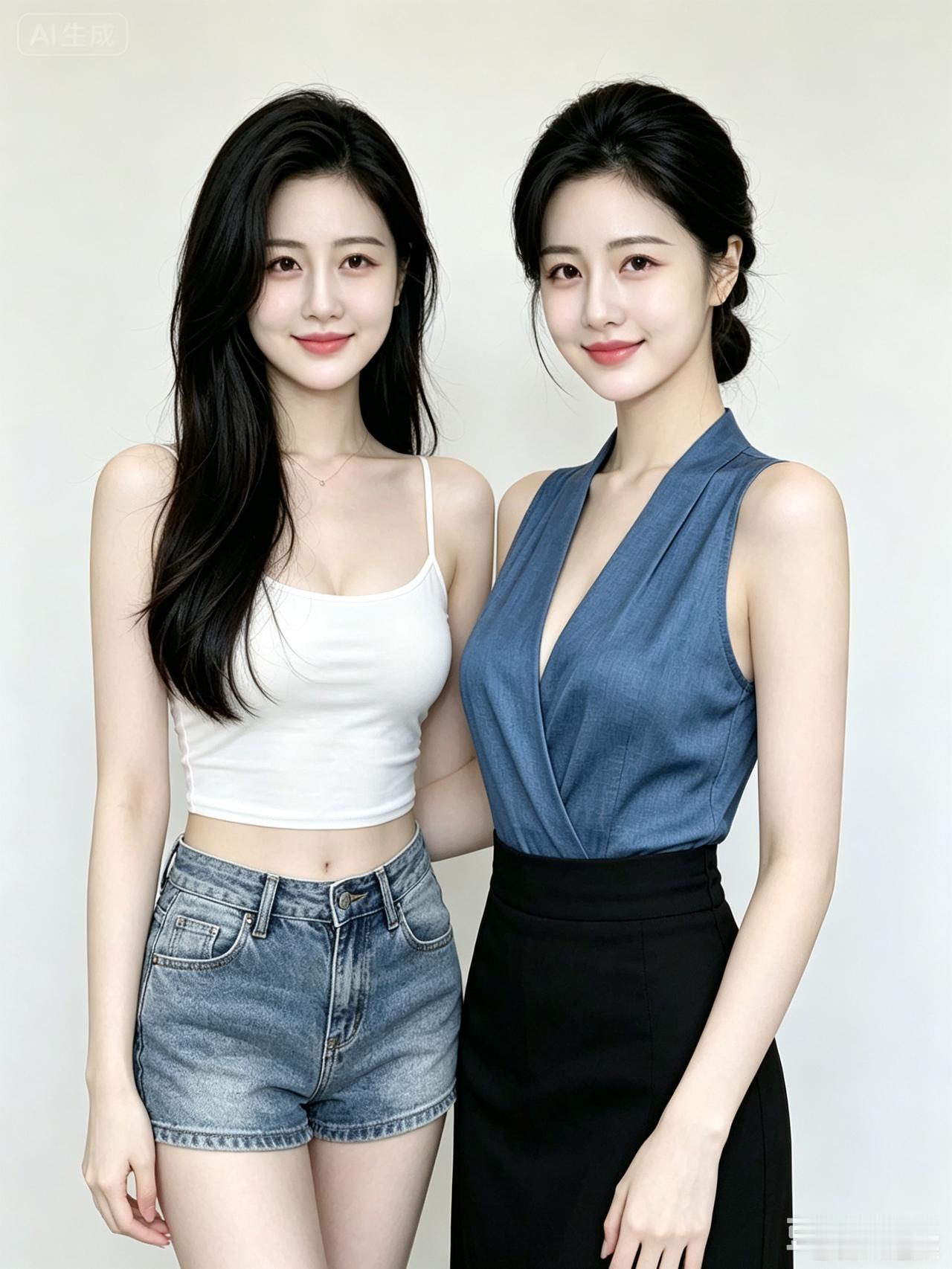 姐妹相依，海边游玩