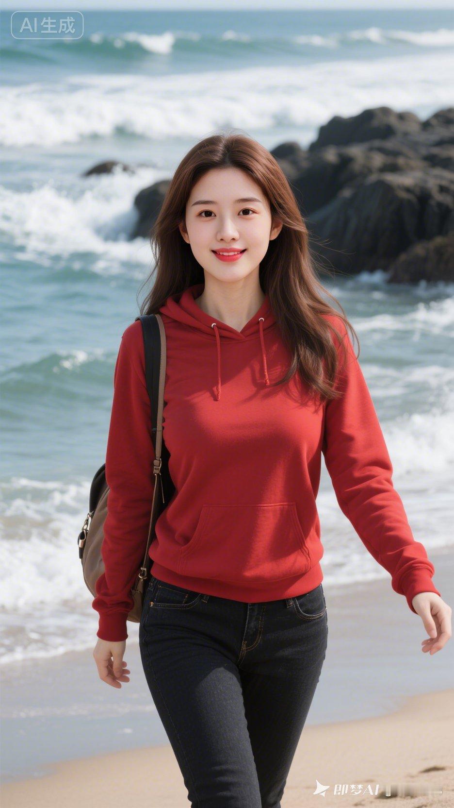 海边漫步，红衣少女与海浪共舞！