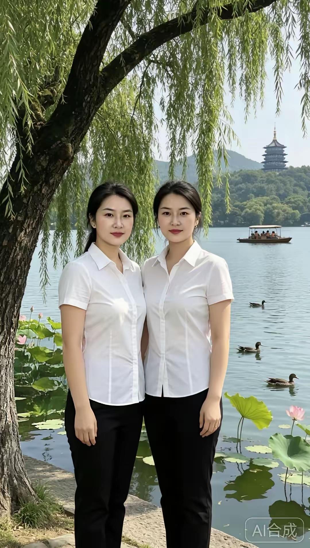🌿西湖美景佳人伴垂柳袅袅拂碧波，西湖荷韵荡清荷。雷峰古寺依山耸，画舫轻舟