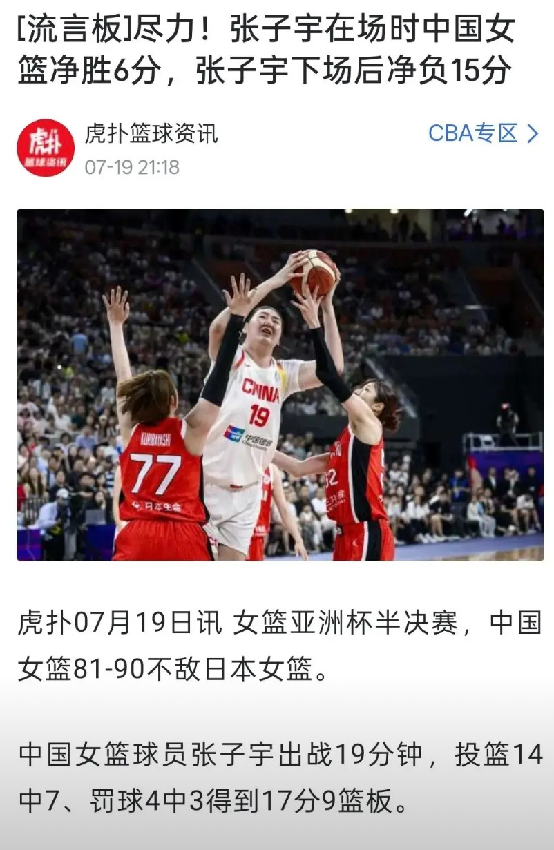 张子宇在去年U18亚青赛决赛输澳洲，正负值+5，张子宇下场为净负22分。今年亚洲