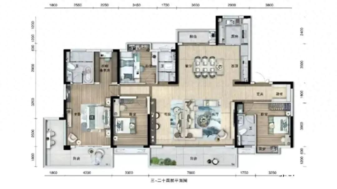 219.85㎡的房子，这确实是一种经典的高层建筑，四个卧室。主人的卧室配置了