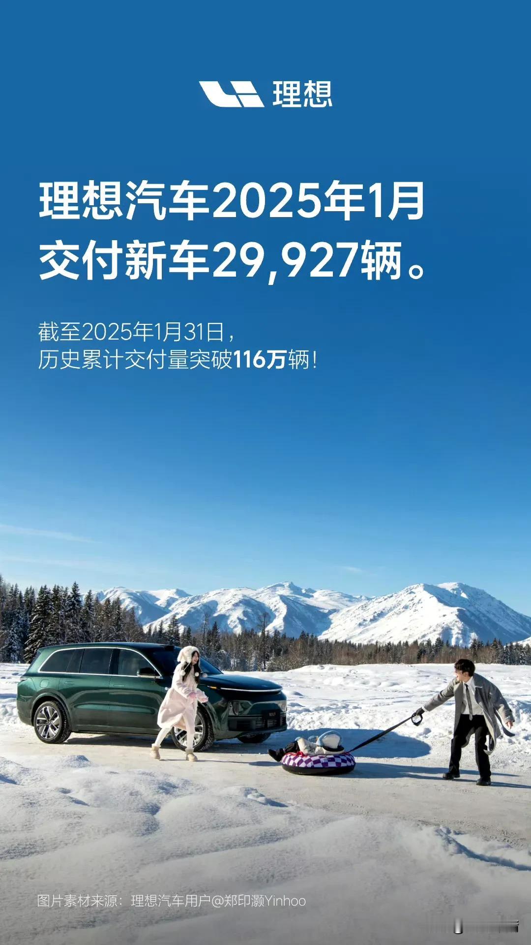 2025年2月1日，理想官方发布理想2025年1月交付新车29927辆！同比下降