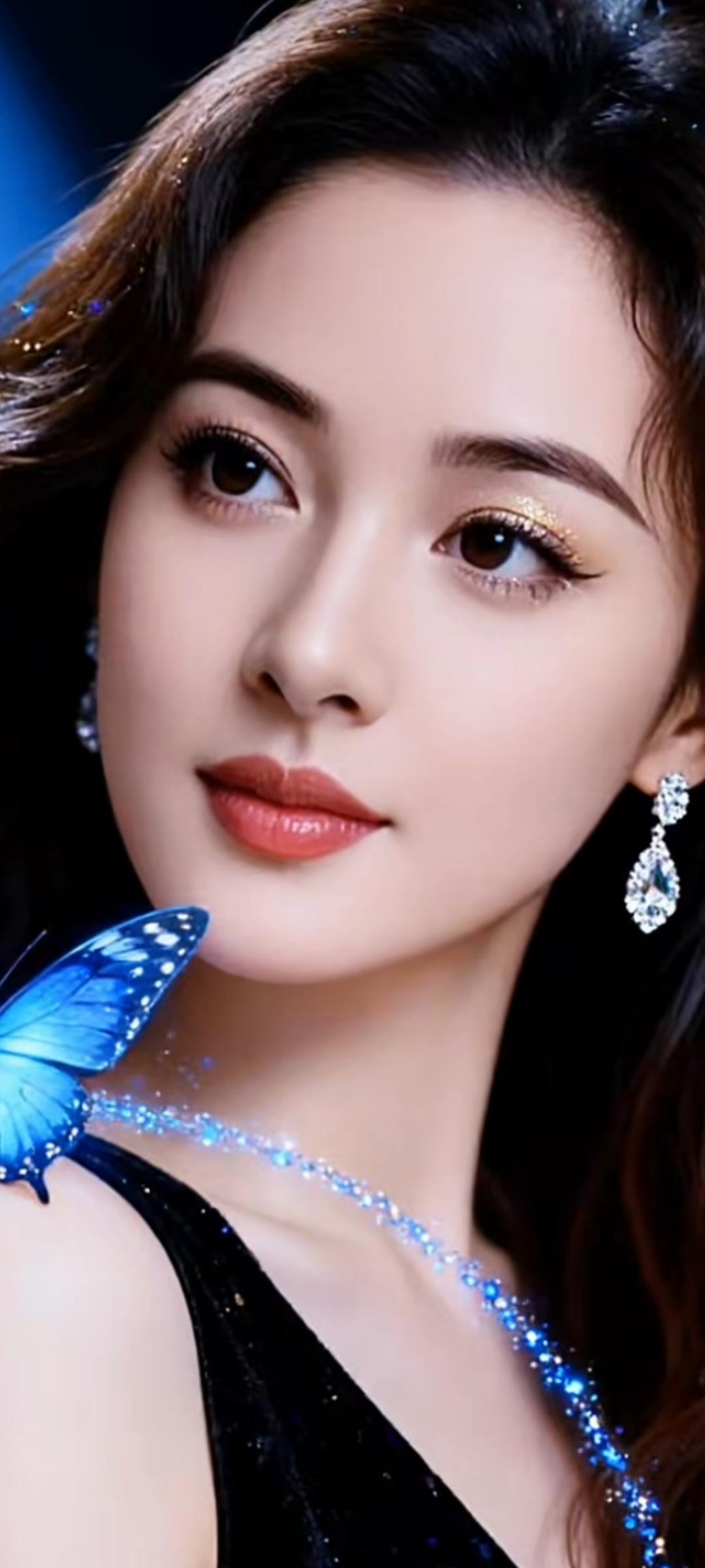 梦幻蓝蝶轻触香肩，闪耀珠宝映衬优雅气质。