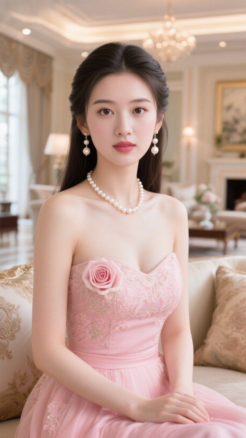 粉裙栖春光暖光淌在香槟色沙发的纹路里，她静坐时，粉色裙摆晕开一层软绵的云。