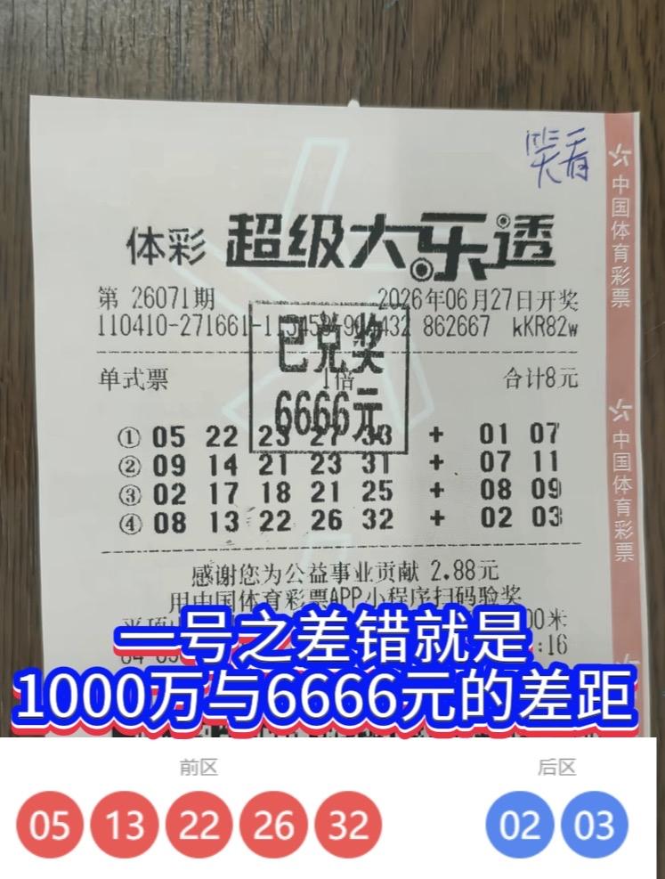 一号之差！千万大奖擦肩而过。大乐透26071期开奖，河南平顶山一位彩友留下无