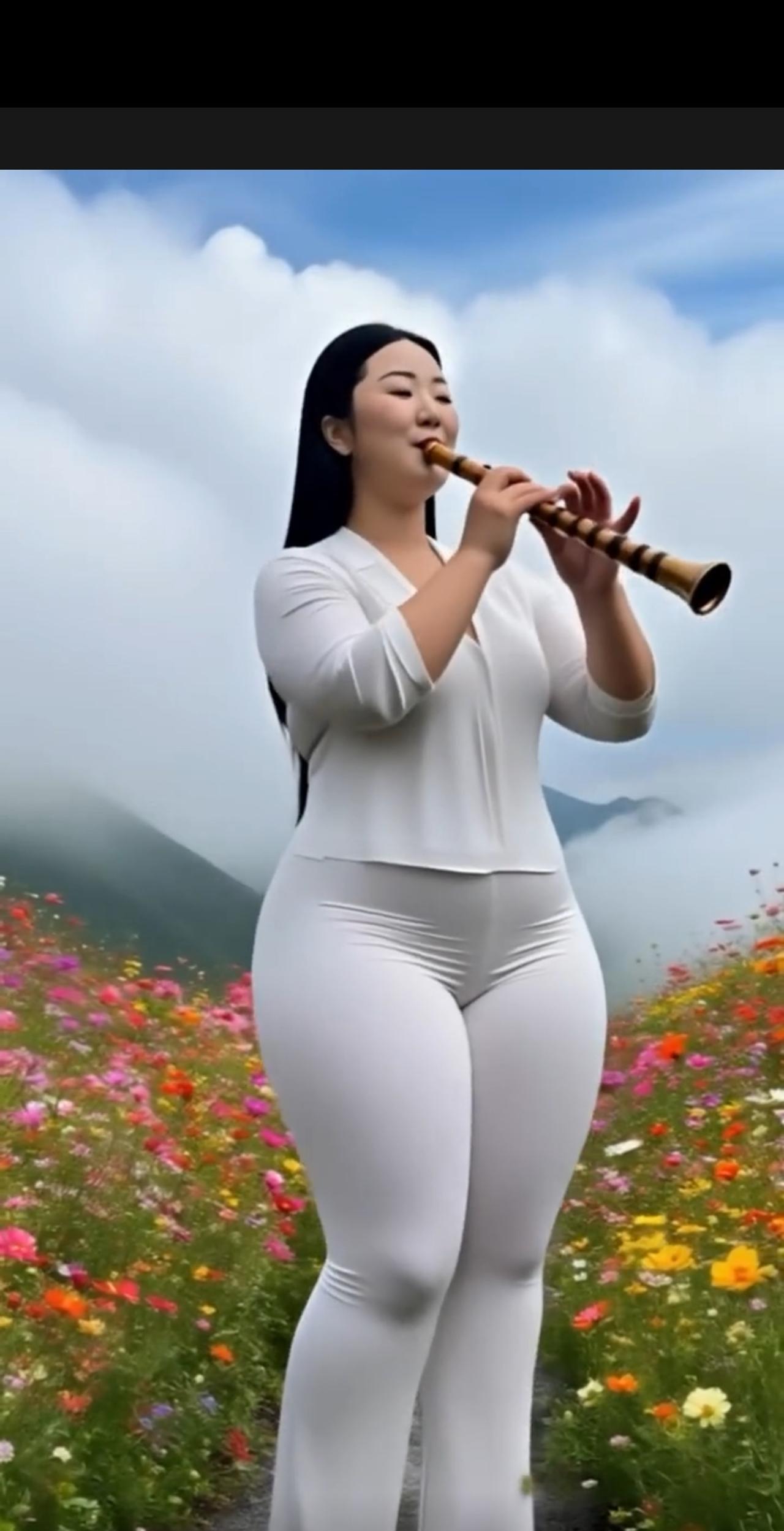 七律·云间笛声云海翻波漫远峰，仙姿绰立韵千重。朱唇轻启音流玉，素指徐调曲绕松