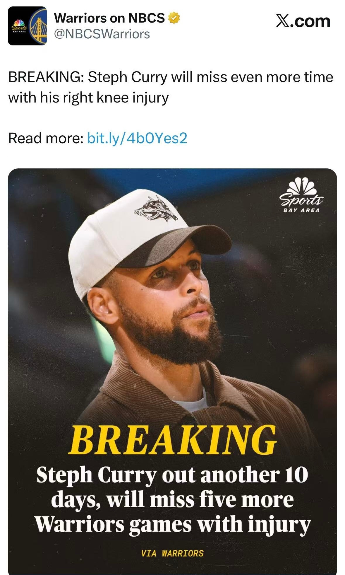 库里因右膝伤势将再休战10天，缺席勇士队5场比赛，此前已缺席10场！库里至少再缺