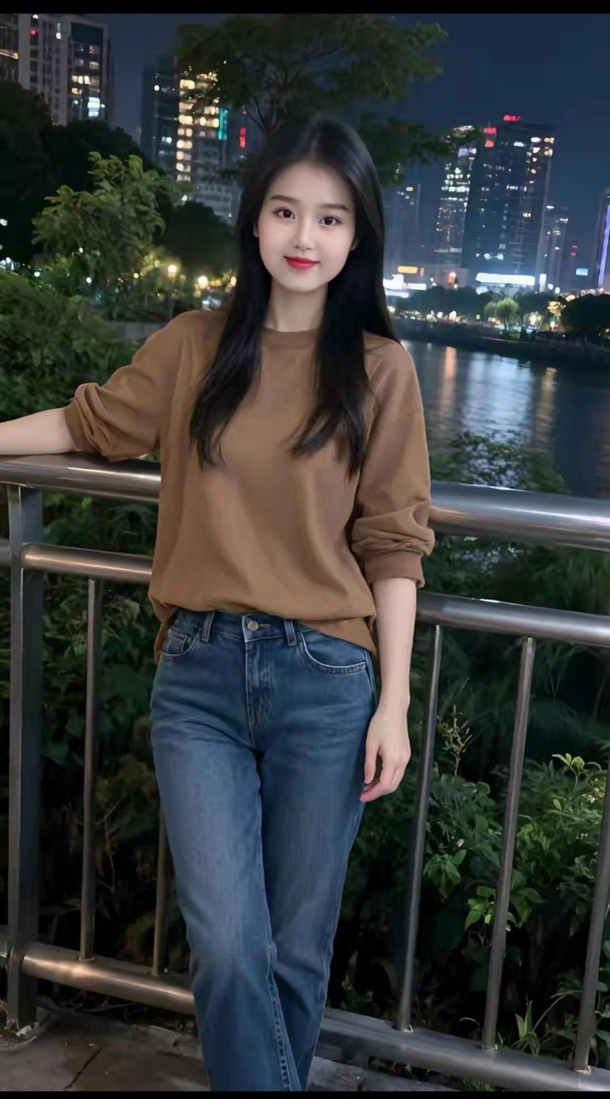 夜晚河畔，少女倚栏，灯火阑珊处，静享都市夜景。夜景气质少女夜景美照