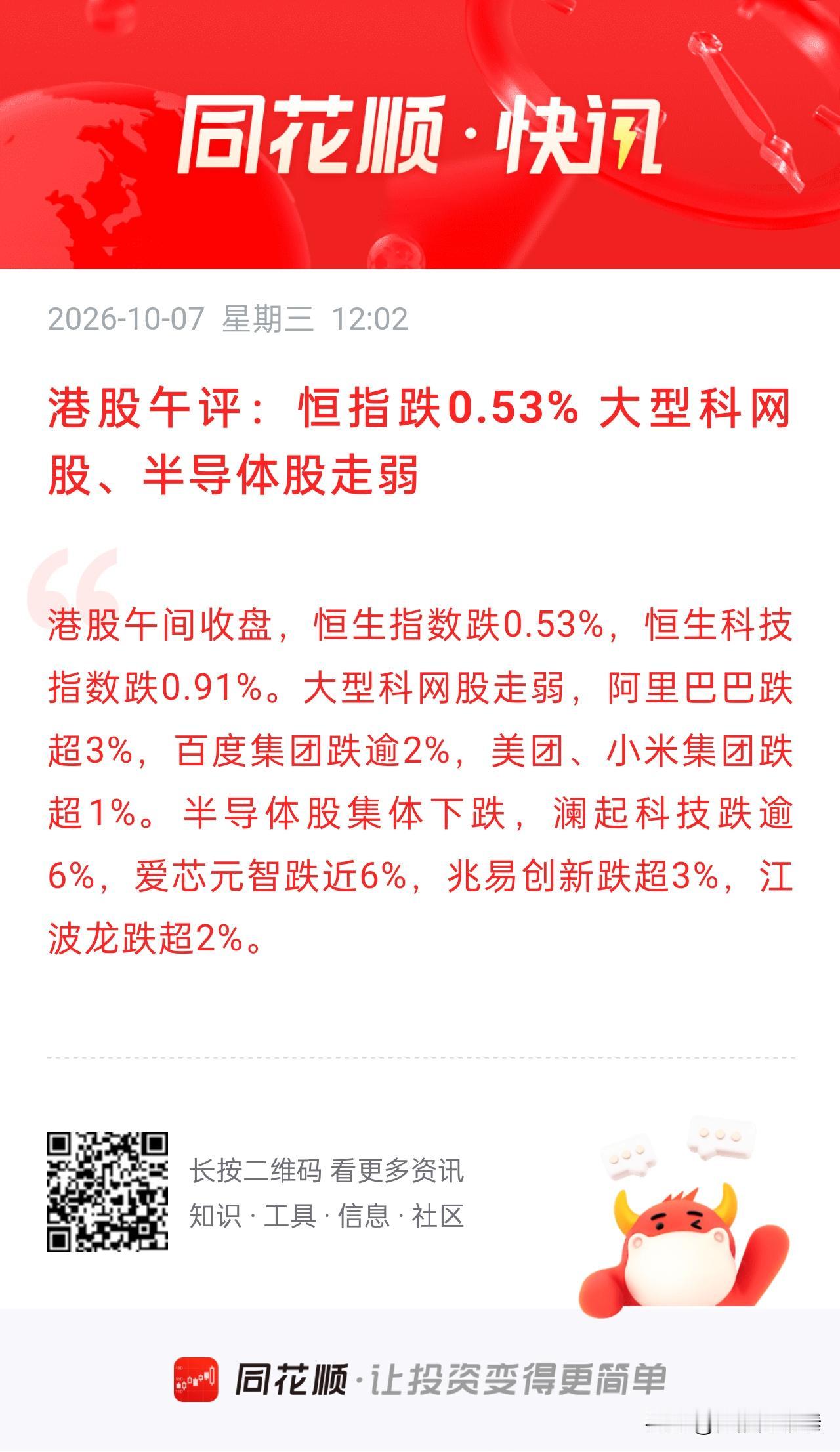 10月7日港股午盘复盘：恒指跌0.53%，大型科网股、半导体股集体走弱10月
