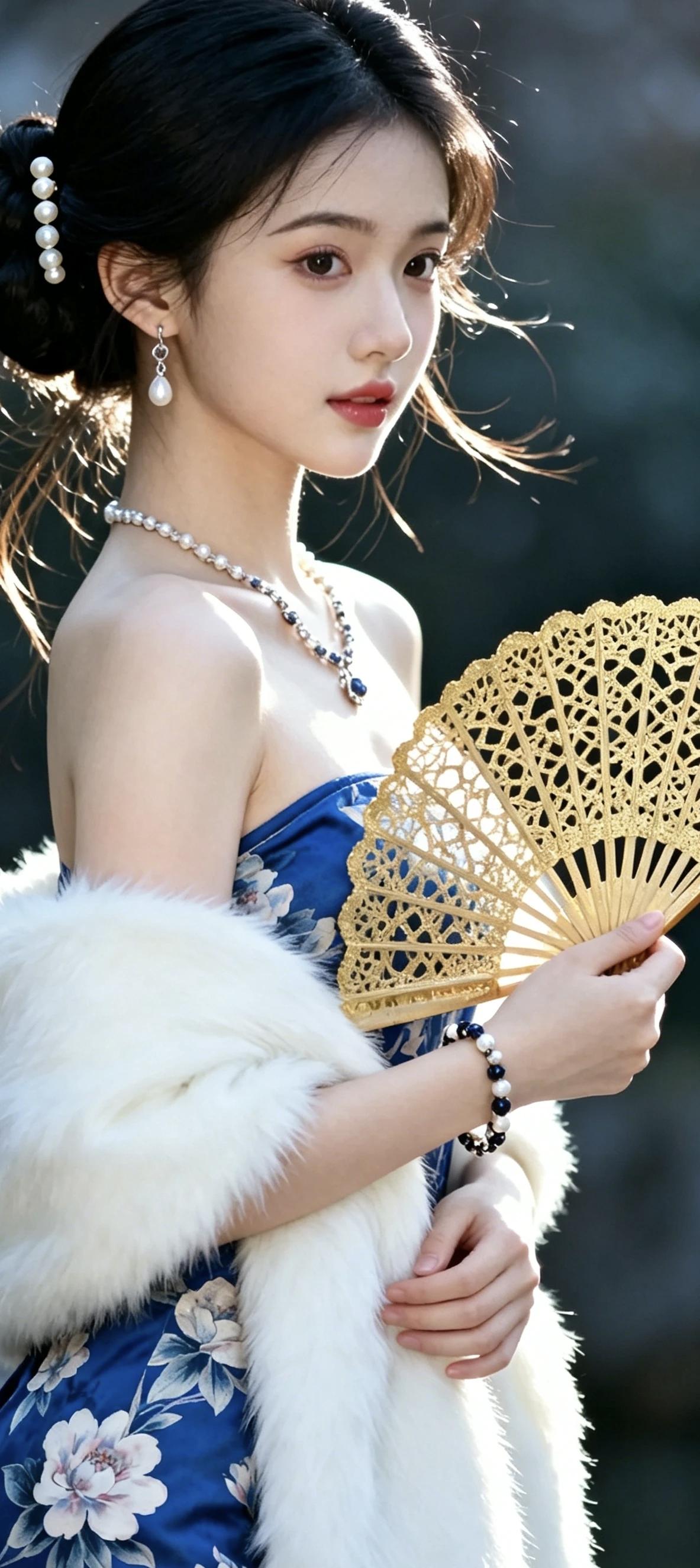 记录我的2026少女优雅复古风，珍珠耳环与蓝花搭配，手持金扇，尽显古典韵味。