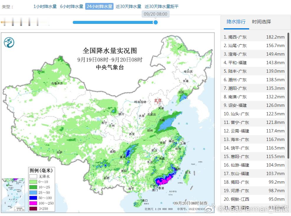 【强降雨接力】昨天到今晨，因为台风米娜影响，广东东部出现大暴雨，局地特大暴雨。今