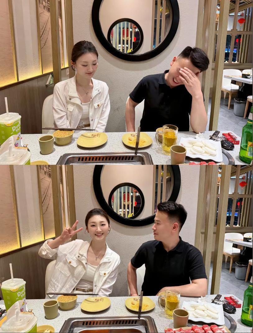 陈亚男这顿火锅吃得，隔着屏幕都能感觉到甜！看这两张照片，她和未婚夫郭金鹏坐在火
