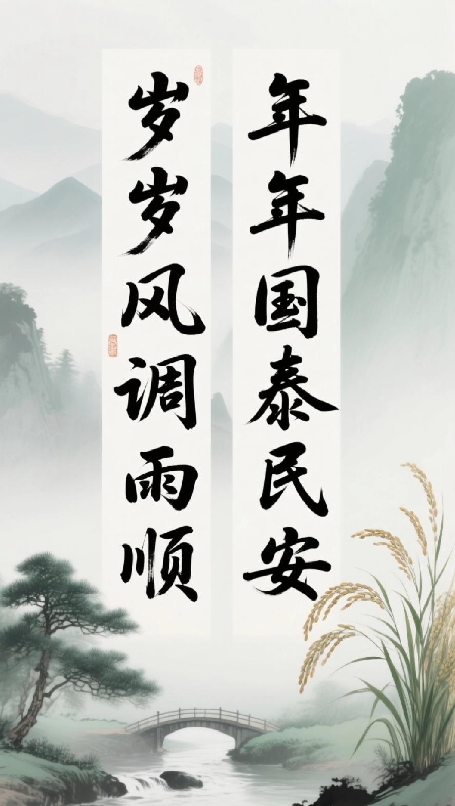 岁岁风调雨顺，请赐下联下联：年年国泰民安。横批请君赐墨。
