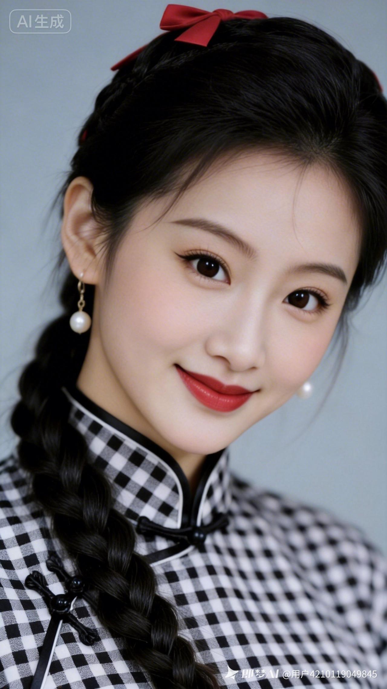 甜美少女风，黑发红唇，复古格子衫，优雅迷人！