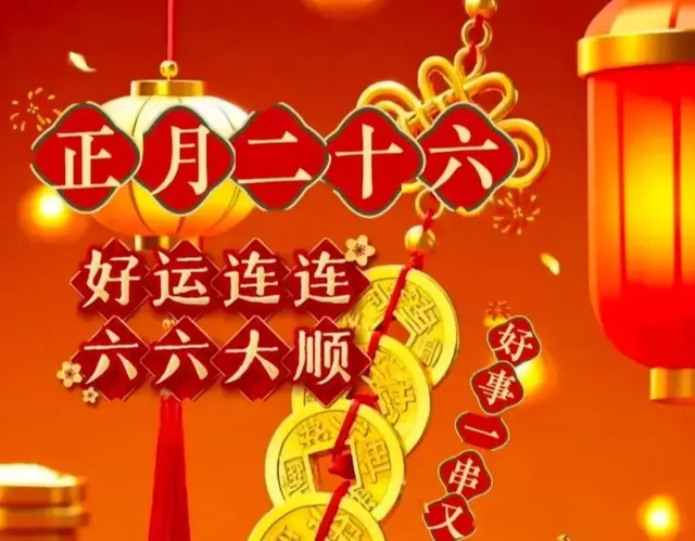 早安祝福, 正月廿六, 六六大顺, 好运连连, 吉祥如意, 心想事成。