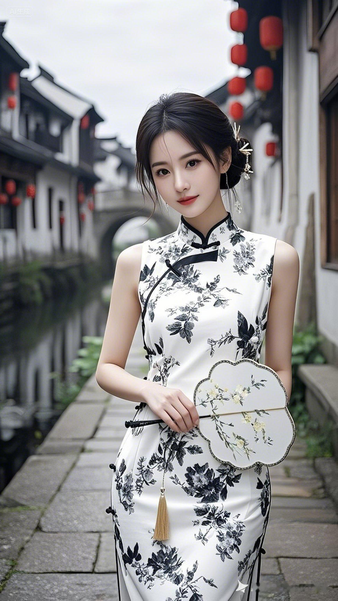 一个姑娘穿着旗袍在古镇拍照。