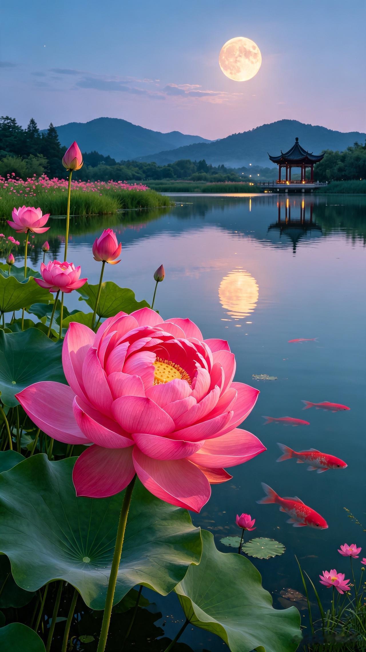 夏日，月下荷塘、锦鲤游弋、亭台楼阁的中式唯美风景图，意境宁静祥和，充满诗意与好运