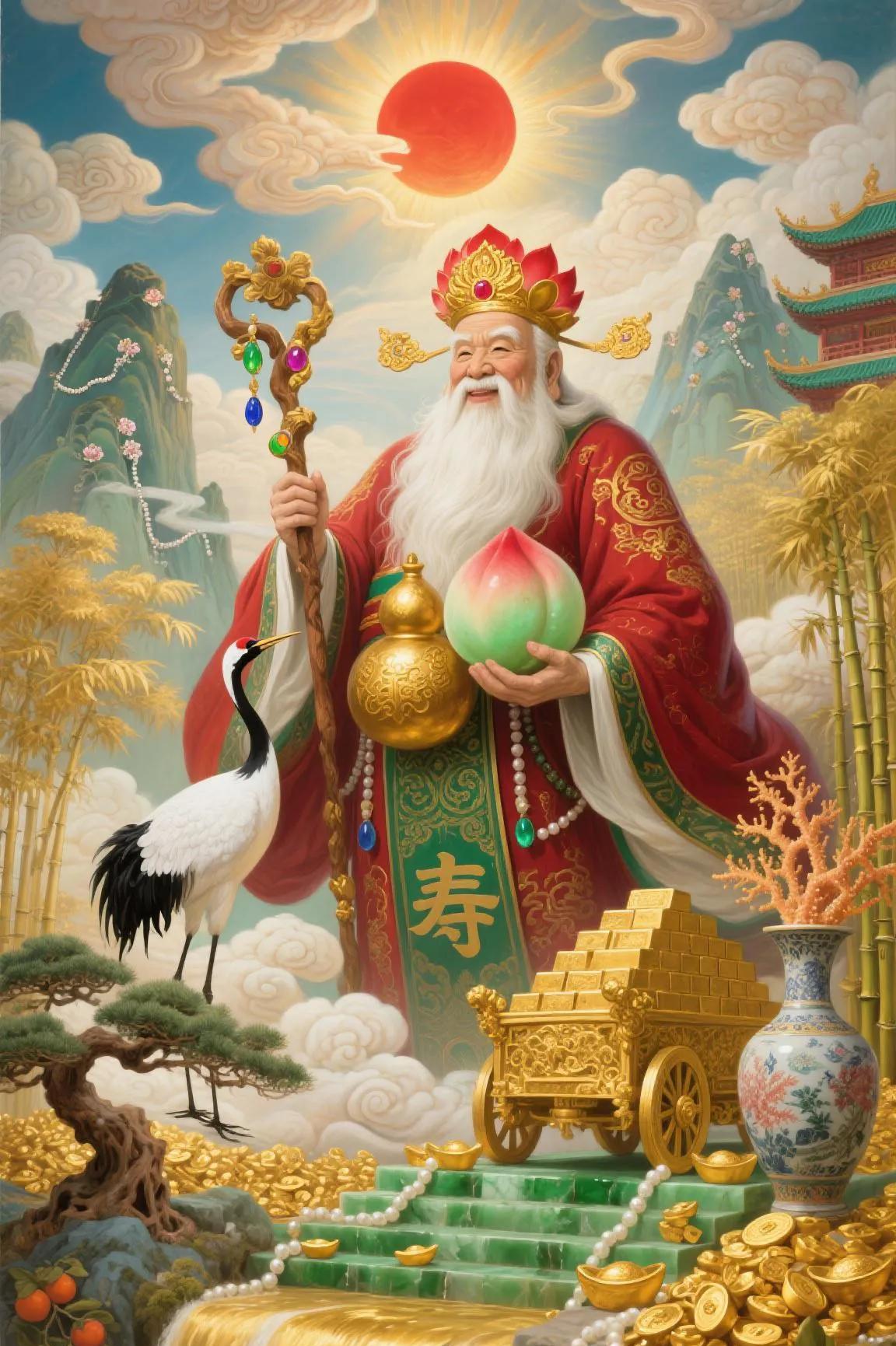 寿星露面喜气扬，带来好运绽光芒。添福寿，保安详，岁月悠悠皆顺畅。家宅安宁福