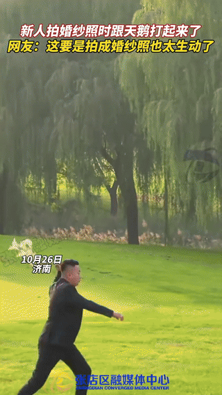 “这下真解释不清了！”济南一对新人结婚，准备在一公园里拍婚纱照，结果跑来一只黑天
