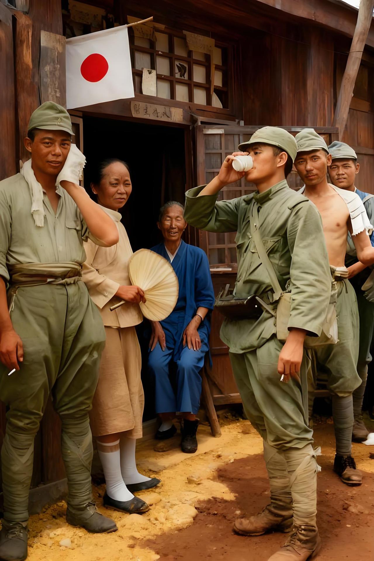 1937年底至1938年初，一处简陋屋舍前，几名日本士兵和中国平民在此处。日本士