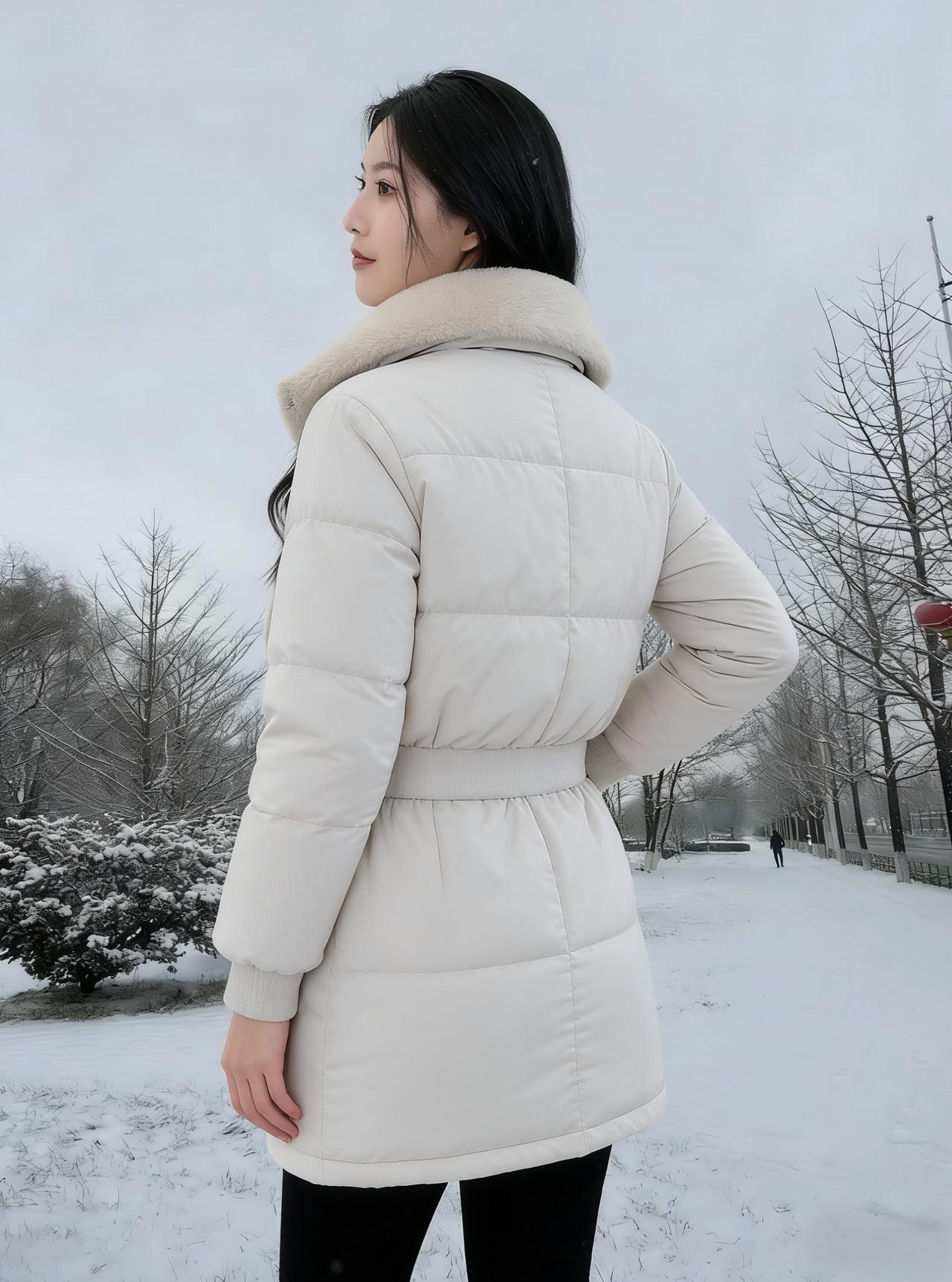 她的背影是雪的另一种形状毛领翻起，像把云披在肩上束腰的带子勒出腰线让风也有