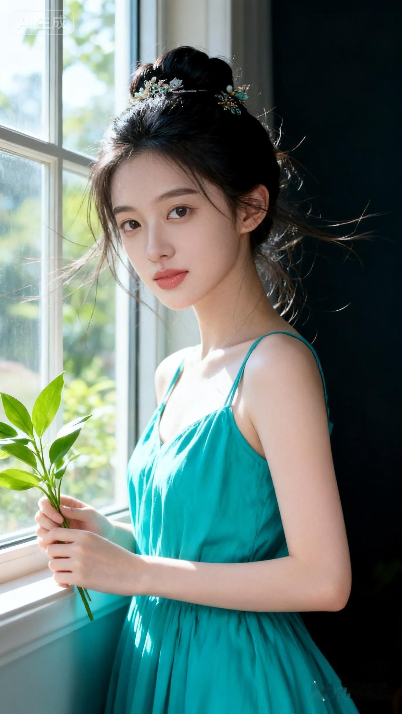 窗边少女，绿意盎然，清新自然