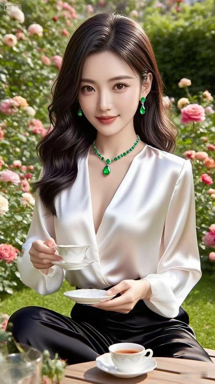 玫瑰园里品茶时光，翡翠配白衫，优雅如诗，每一刻都值得被珍藏。