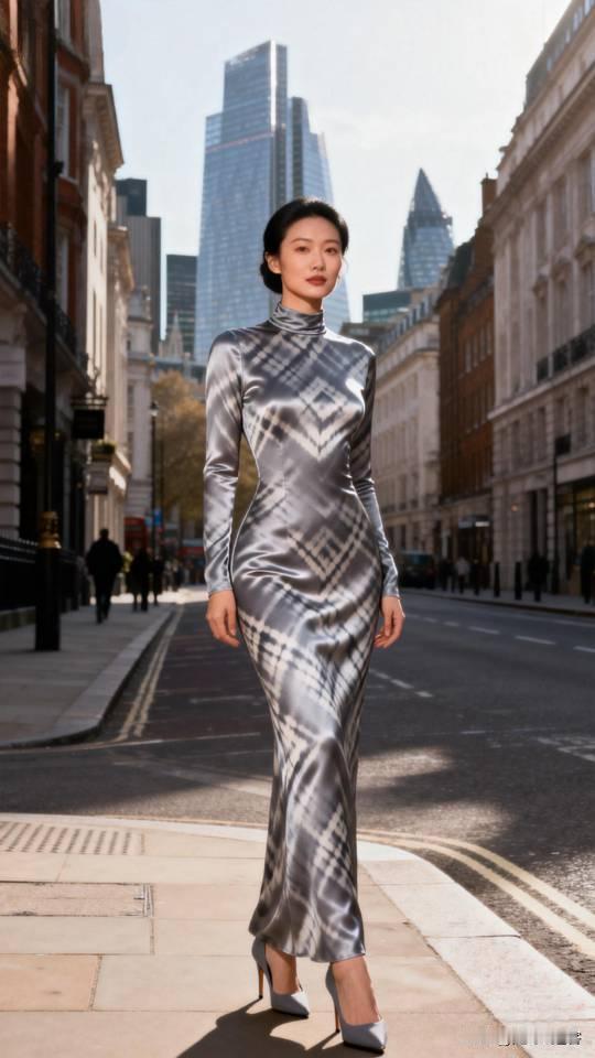 都市摩登风：黑白格纹长裙，优雅街拍。连衣长裙美女壁纸