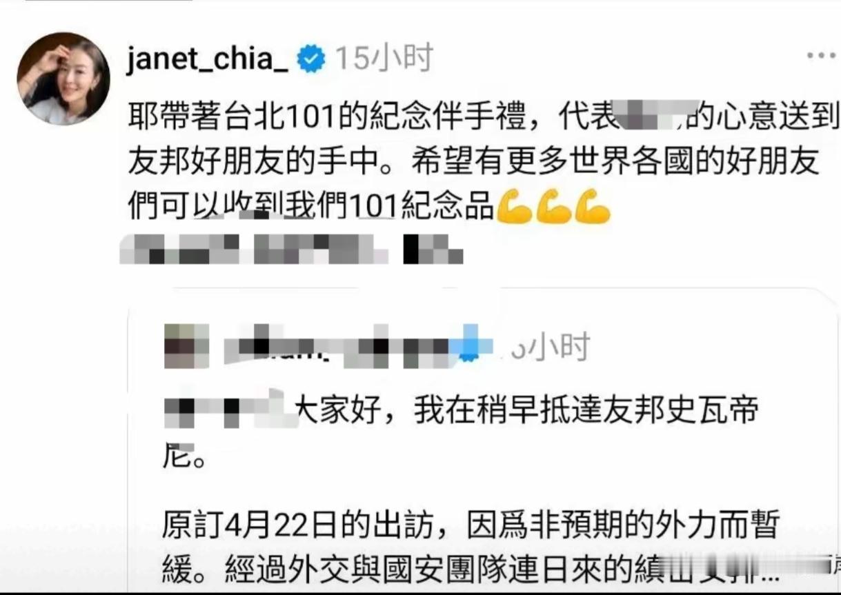 台北101董事长贾永婕在社交平台转发赖清德偷偷串访史瓦帝尼的相关动态，还公开发文