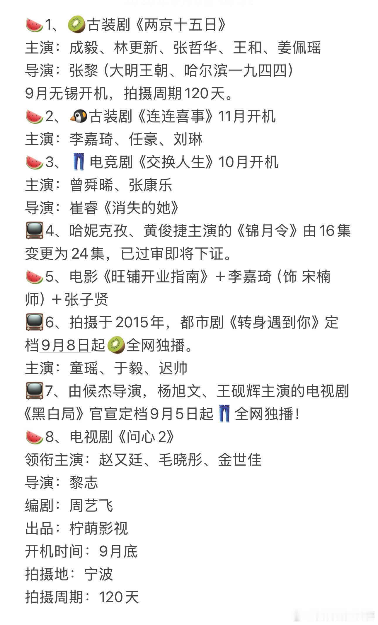 2025.09.05娱乐圈影视资讯、理性吃🍉🍉1、🥝古装剧《两京十五日》主