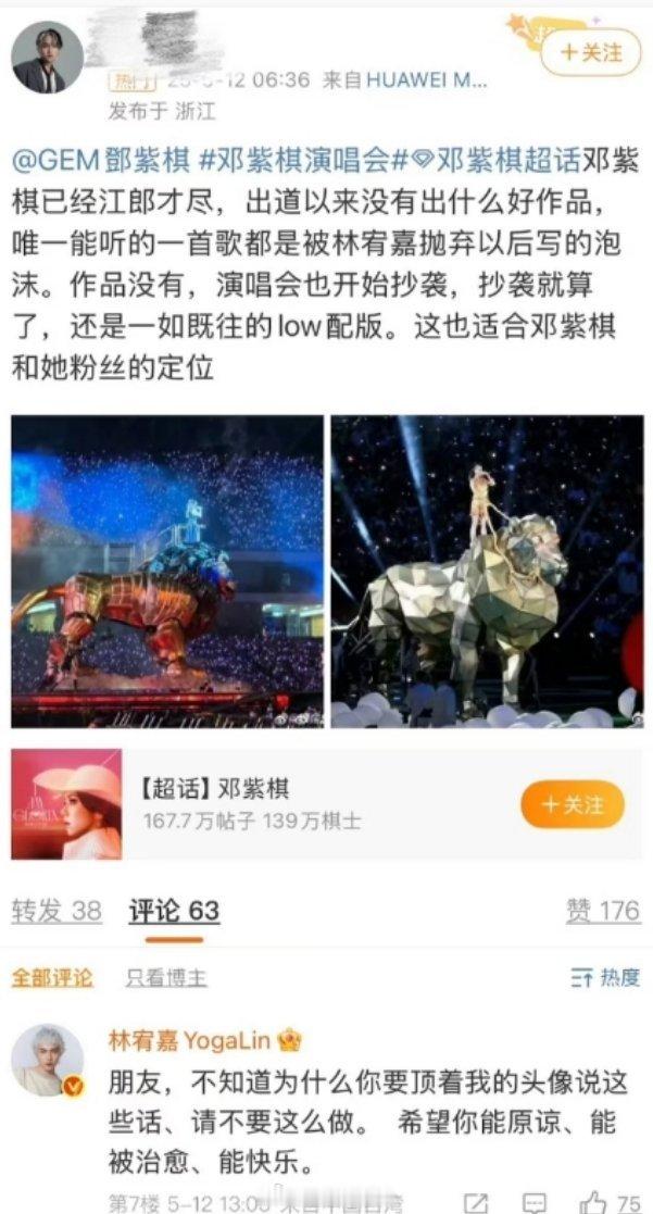 网友顶着林宥嘉的头像到邓紫棋超话发文：“邓紫棋已经江郎才尽，出道以来没有出什么好