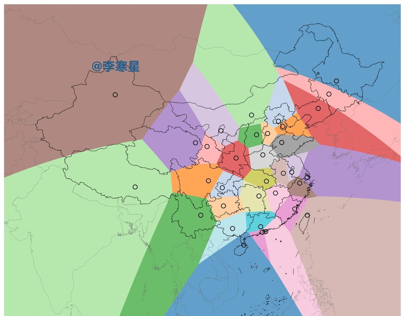 每个色块内的所有地点都是到该色块中的圆圈标注的省会最近