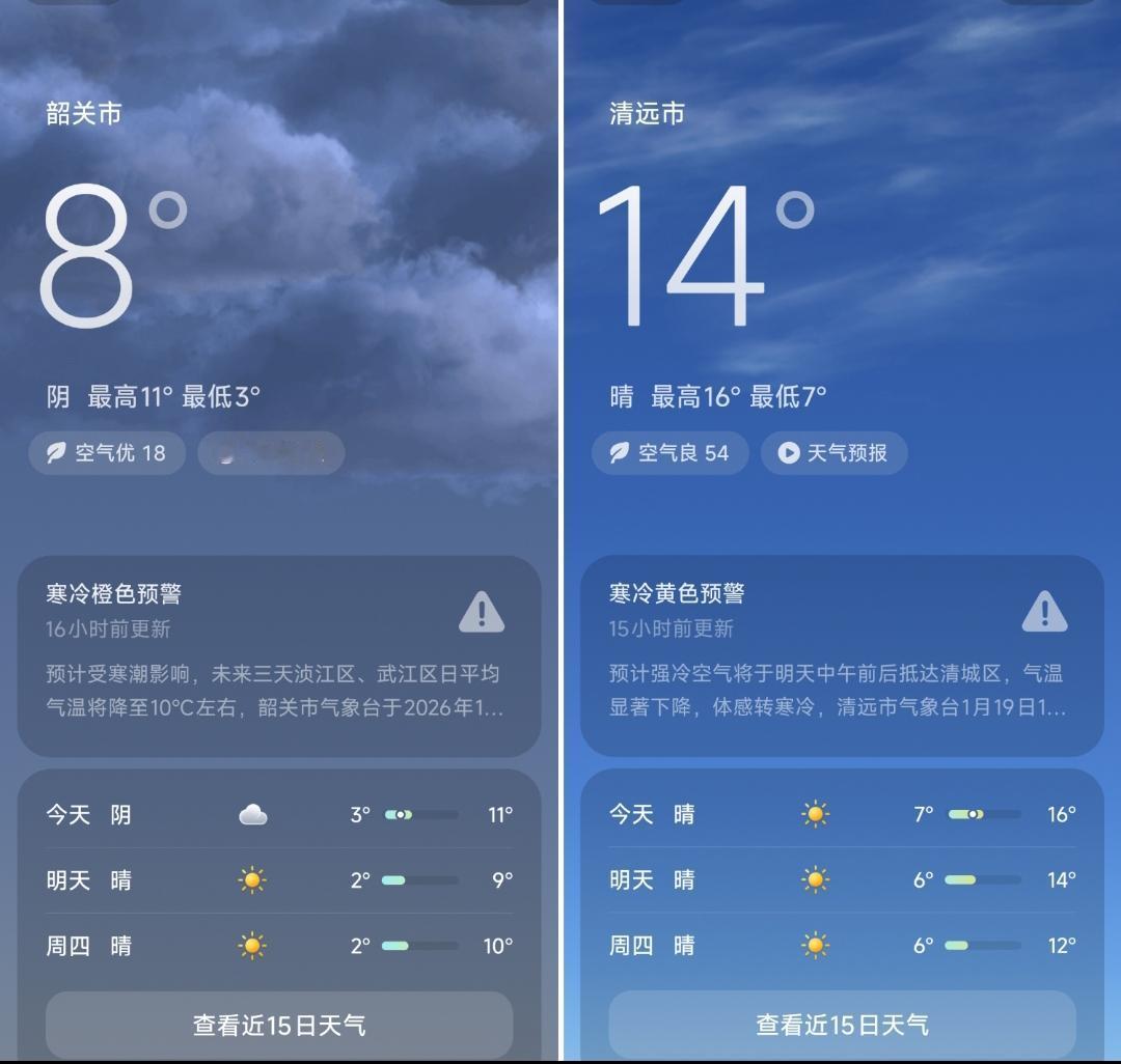 虽然韶关到清远只有160公里路程，但是温差还是很明显的。现在韶关的温度是8℃，清