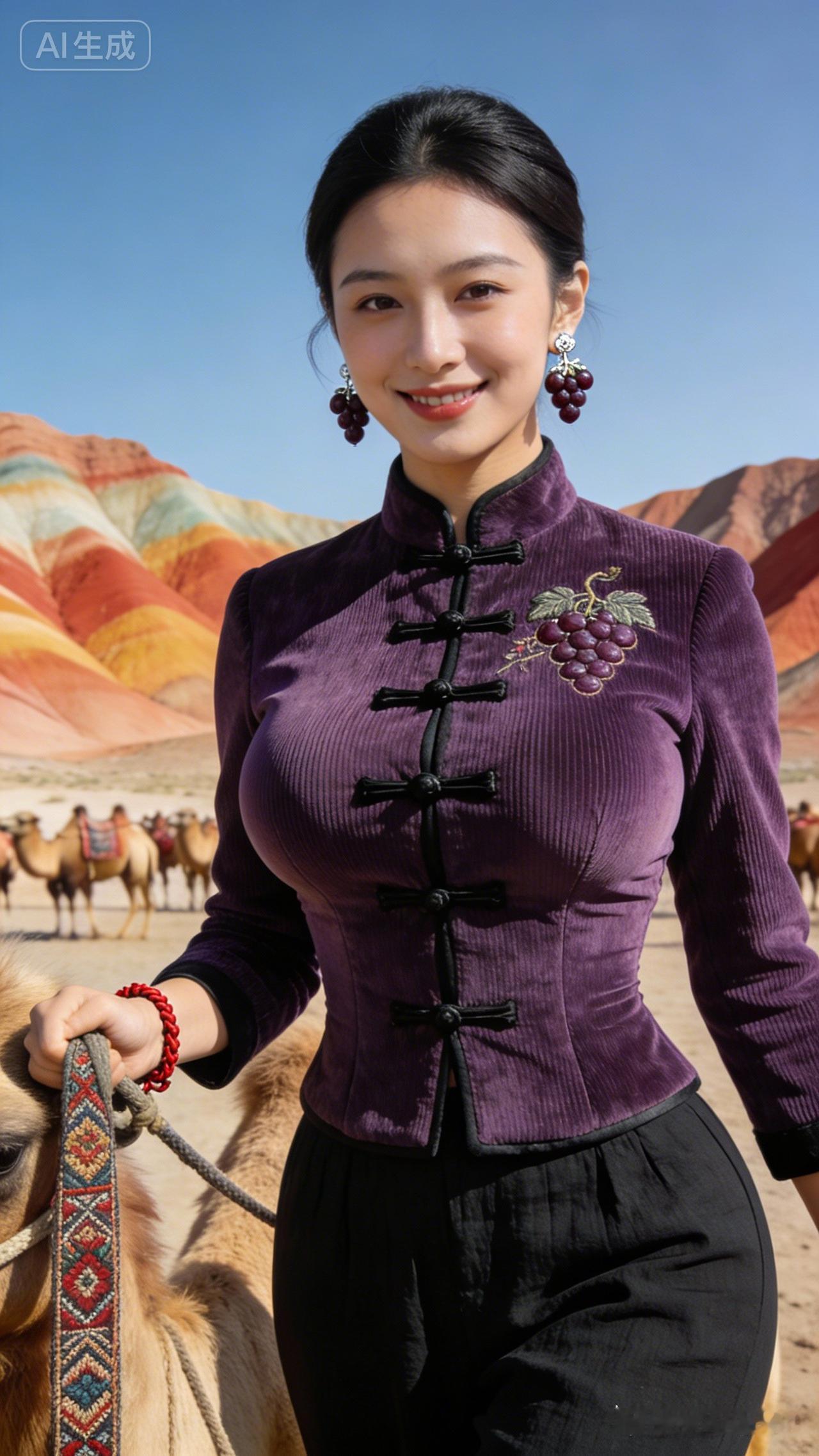 在沙漠中遇见东方美人，紫色的旗袍与骆驼的邂逅，美不胜收！