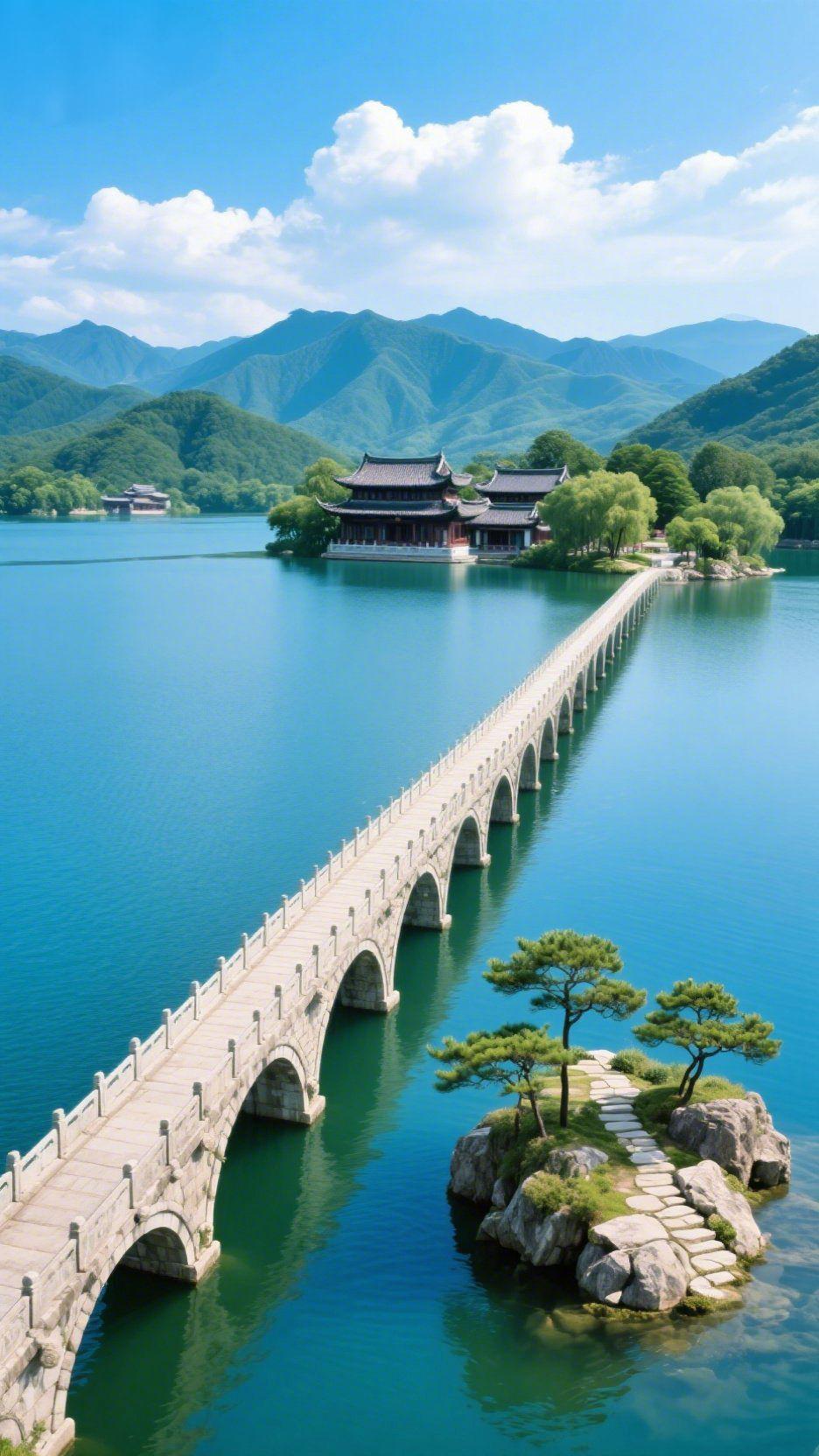 长桥卧波入江南风掠过湖面的刹那，整个江南都醒了。澄澈如蓝宝石的湖水，