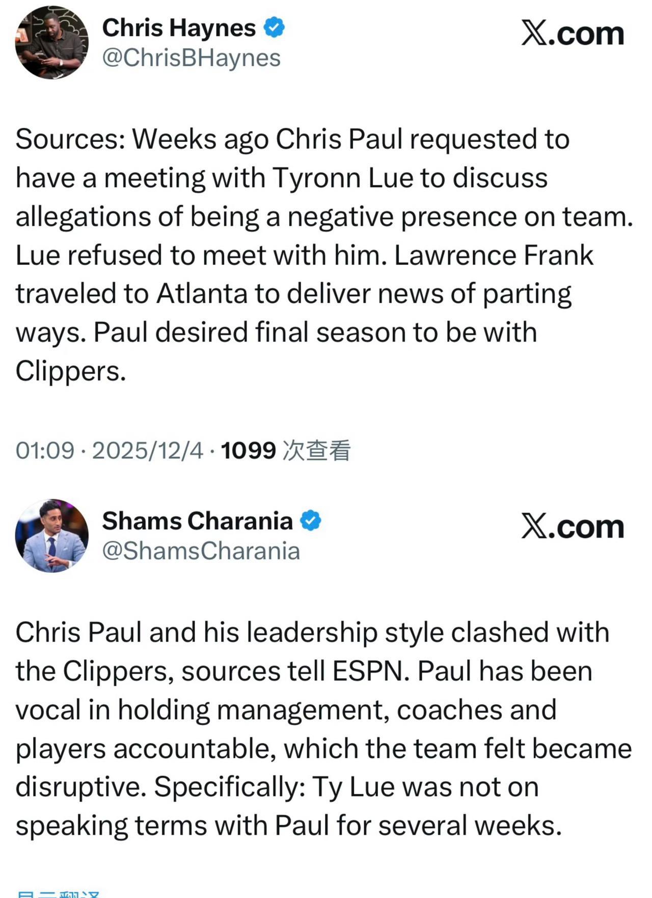 ChrisHaynes：消息人士透露，几周前克里斯·保罗曾请求与泰伦·卢会面，