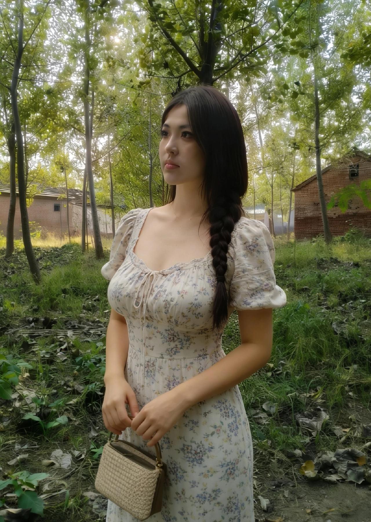 密树藏幽径，荒庭隐赤墙。花裙凝绿影，清眸映碧篁。风拂衣轻摆，叶沾襟薄凉。林