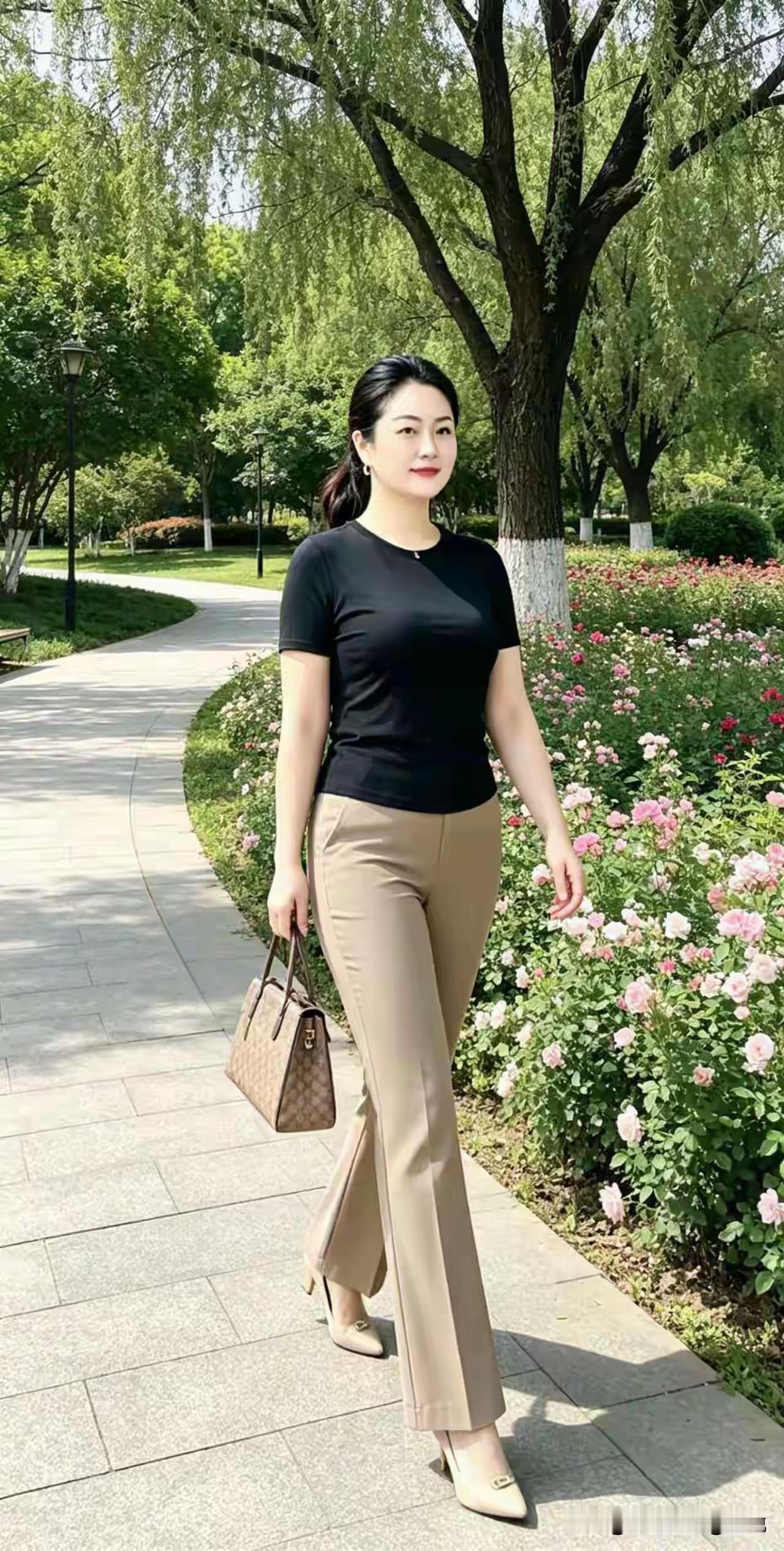 公园走出一美女多好的身材，虽一身简单的穿搭却穿的得体，穿出了品味，手提包包绕公园