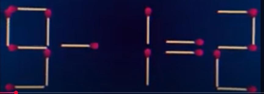 这是用火柴棒拼成的“9-1=2”算式，目前等式不成立。现在需要移动其中一