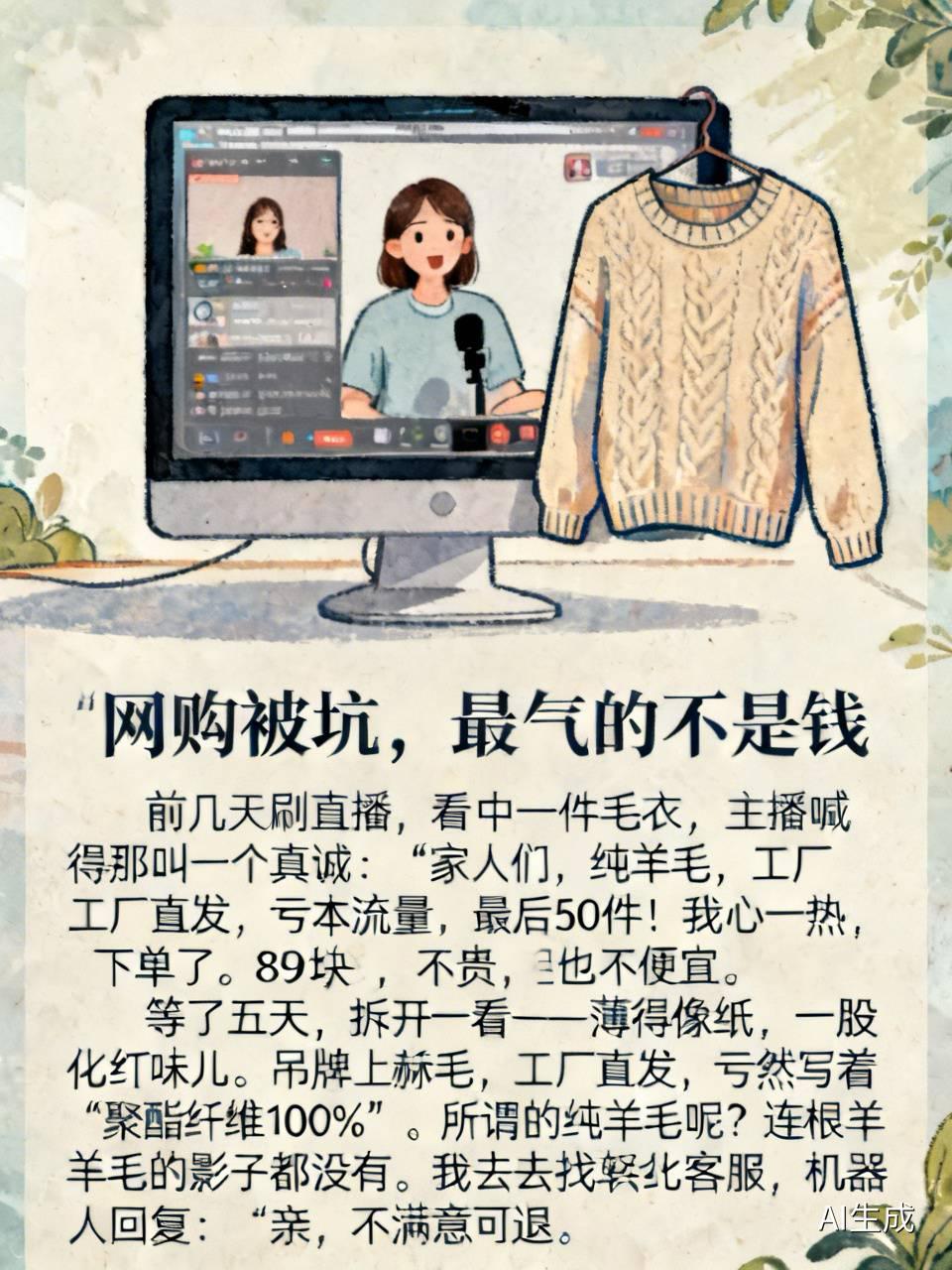 前几天刷直播，看中一件毛衣，主播喊得那叫一个真诚：“家人们，纯羊毛，工厂直发，亏