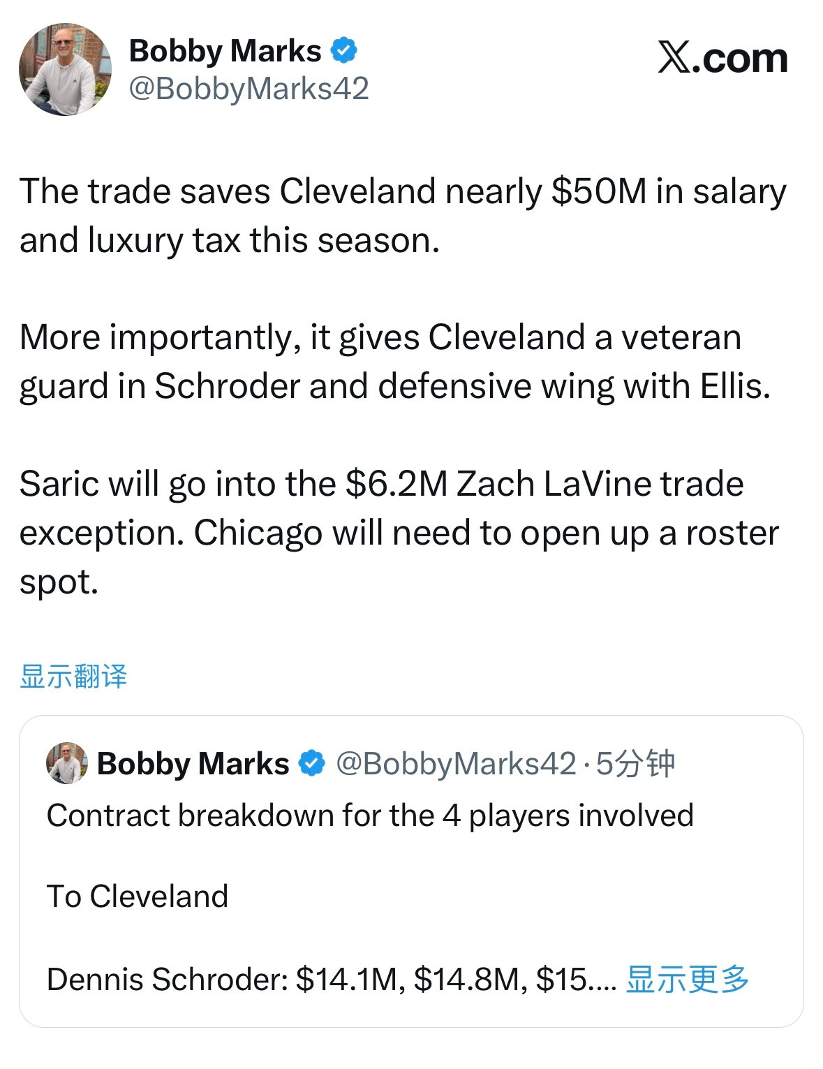 三方交易涉及4名球员合同明细骑士队得到施罗德：本赛季1410万美元，下赛季14