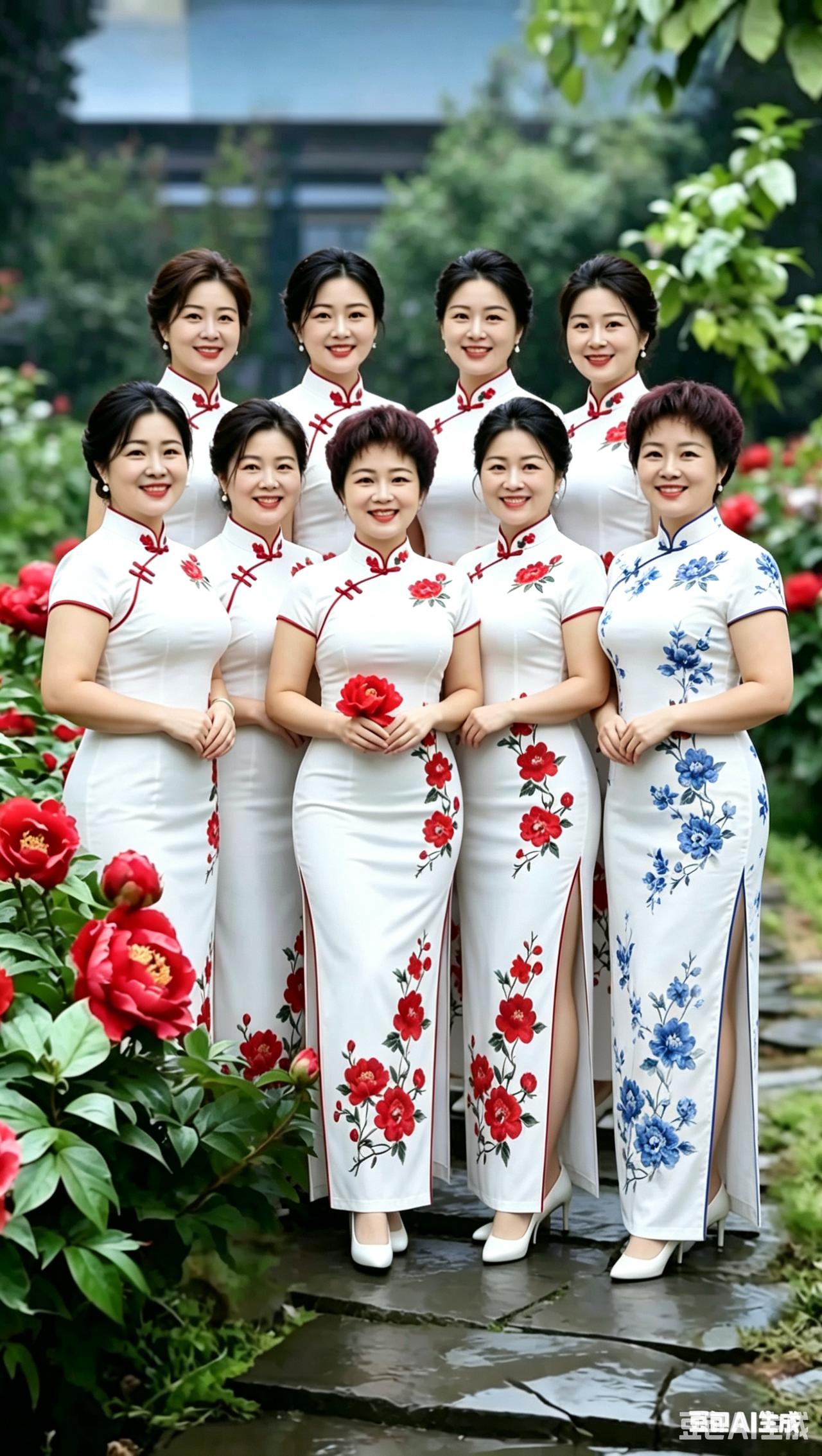 姐妹们穿旗袍赏花，真漂亮！你觉得站中间拿花美女最美吗？