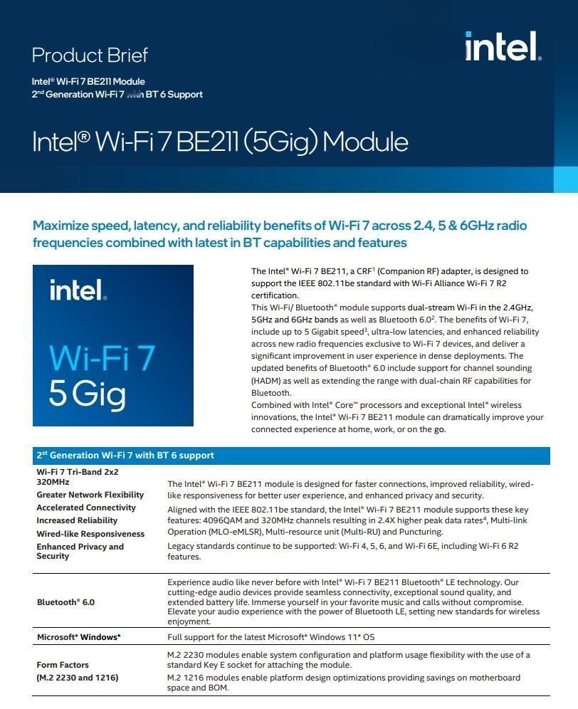 英特尔在网卡领域带来重磅王炸。发布第二代Wi-Fi7无线网卡BE211！