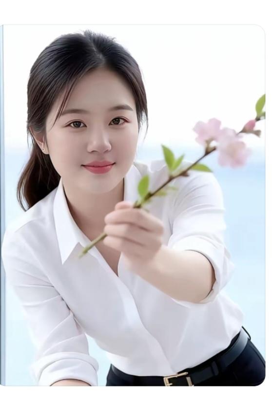 赞美女美女二十刚出头；面部水色嫩如浆；含苞待放等情人；手持花儿一小朵；