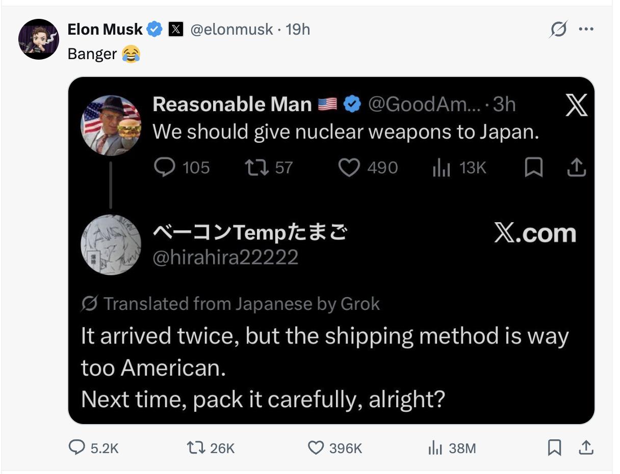 马斯克真的，天天好闲，感觉比我还闲。。。一个美国人说：我们应该给日本人核武器。