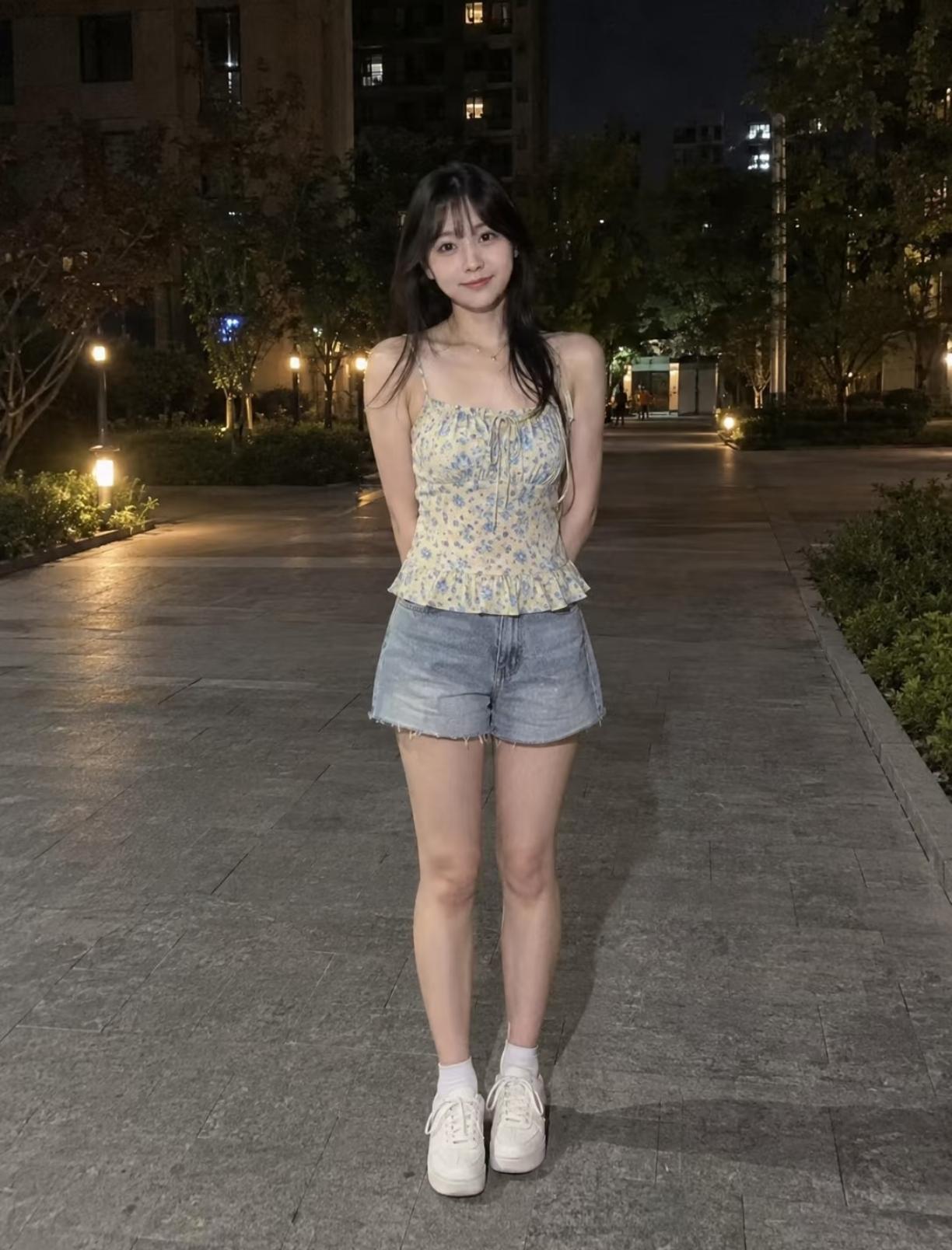 漂亮妹妹在小区散步。