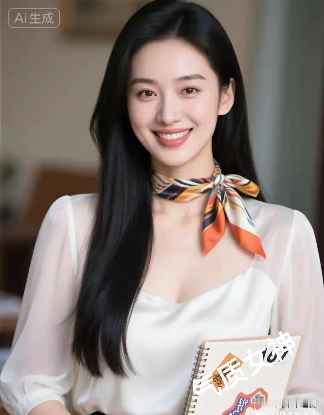 温柔可爱的女生你喜欢吗?她以白色雪纺衫衬出温婉，彩色丝巾系出灵动巧思，长发如瀑