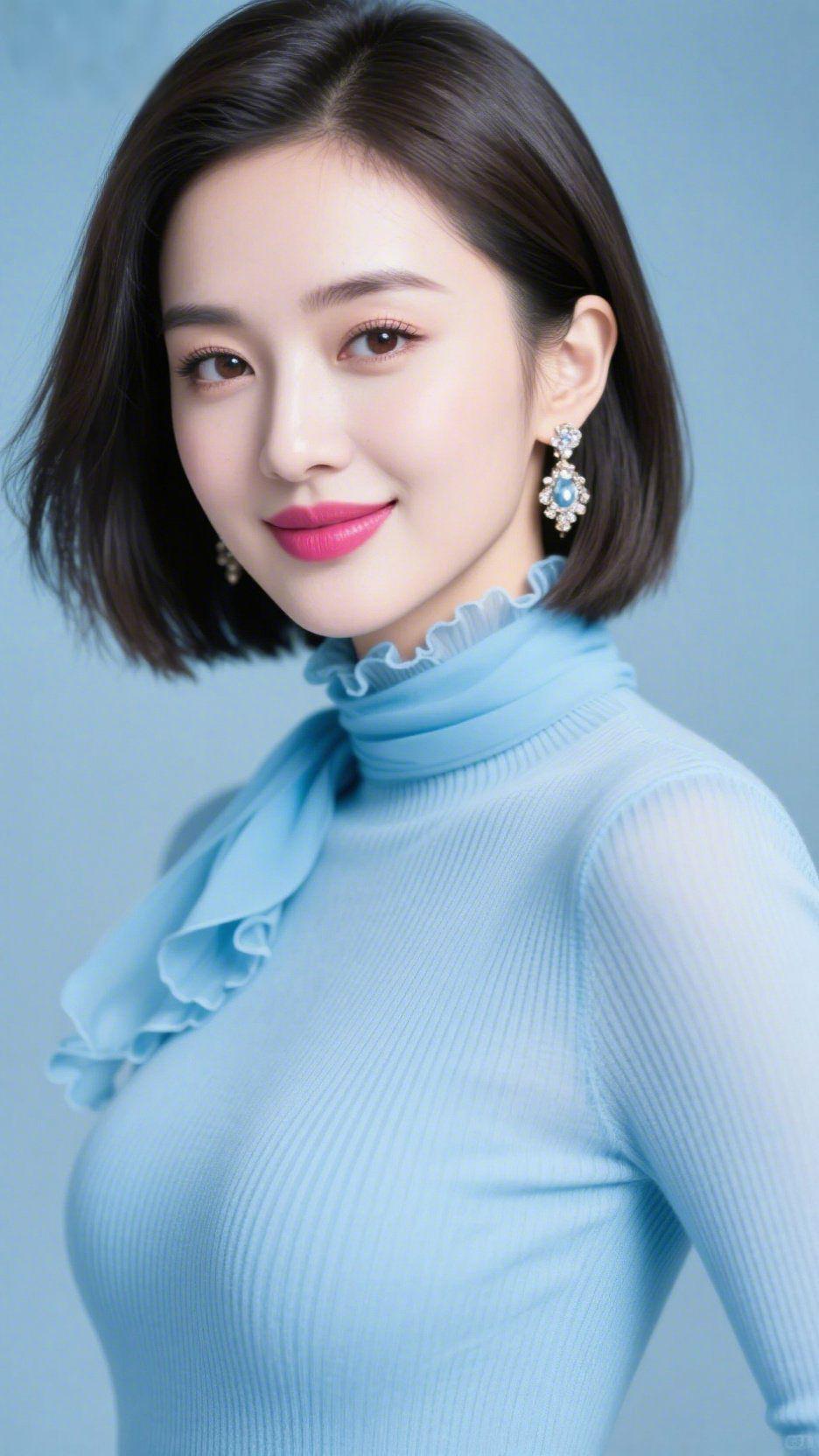 浅蓝裹的柔润光淡蓝背景像浸了层云的软，她领口的褶皱随气息轻晃，耳坠上的蓝钻