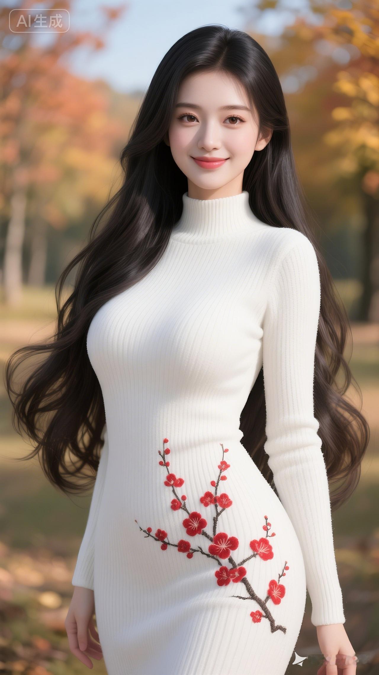 秋日暖阳下，白裙红花的温柔少女！