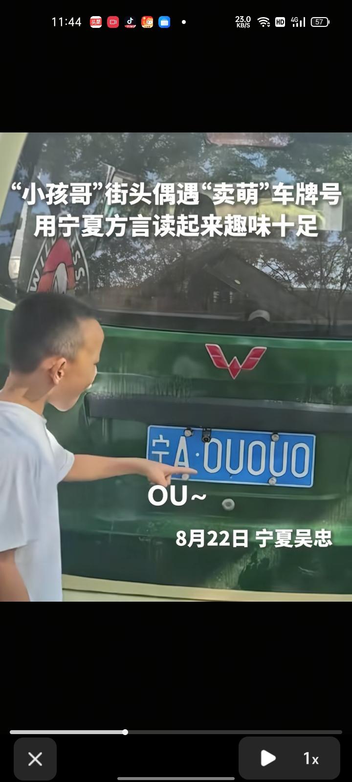 8月22日，宁夏银川。网友发视频称，儿子偶遇“卖萌”车牌号，用宁夏方言读起来趣味